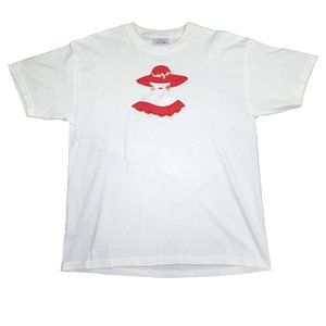 Vintage Lady In Red Hat T-Shirt White Large Stitched On Design